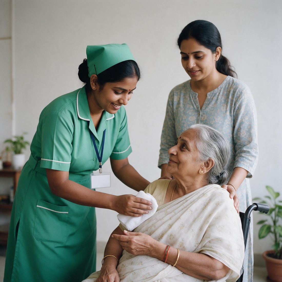 Home care nurse in a green uniform helping an elderly woman in a wheelchair while a family member looks on